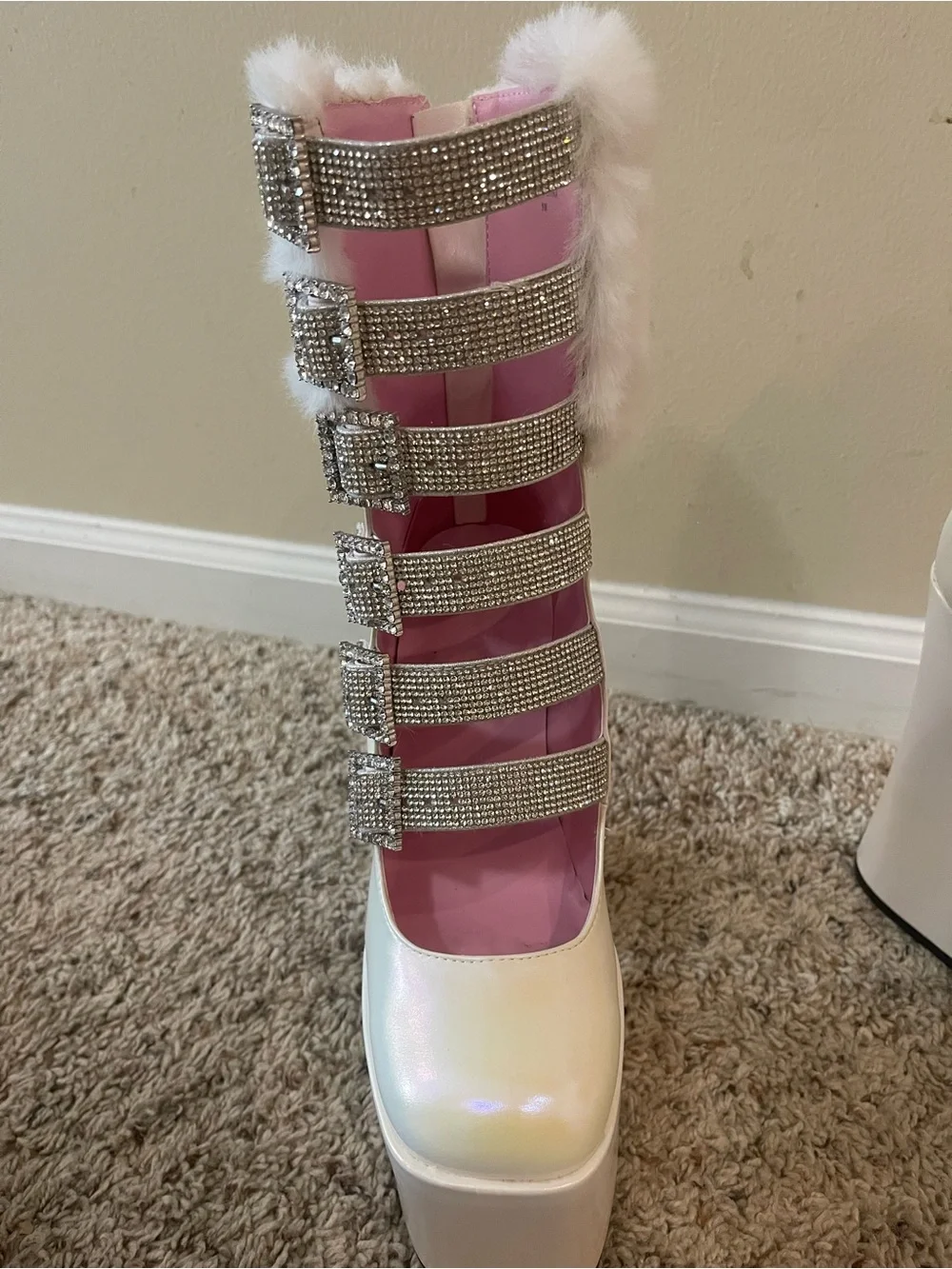 Iridescent White Platform Ankle Boots with Crystal Buckles and Faux Fur